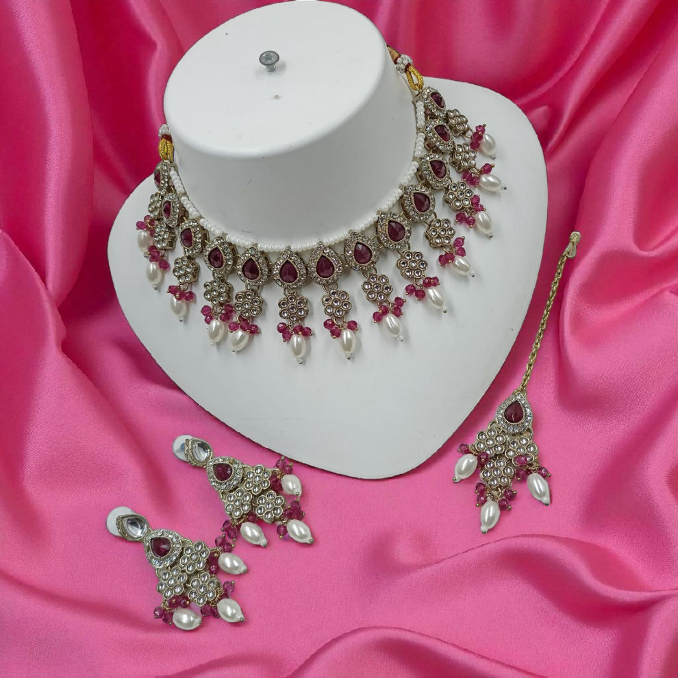 Pearl Drop Choker Jewellery Dangle Earrings Set - Rani