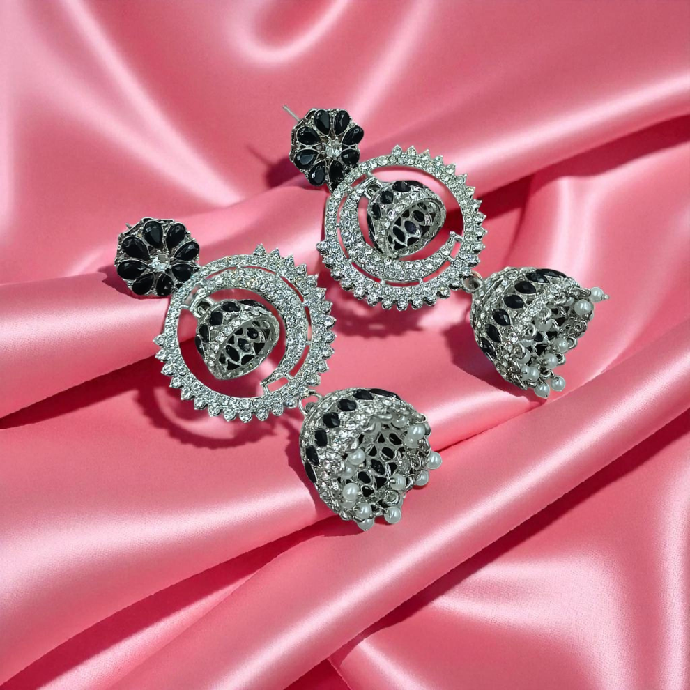 Traditional Silver and Black Jhumka Earrings