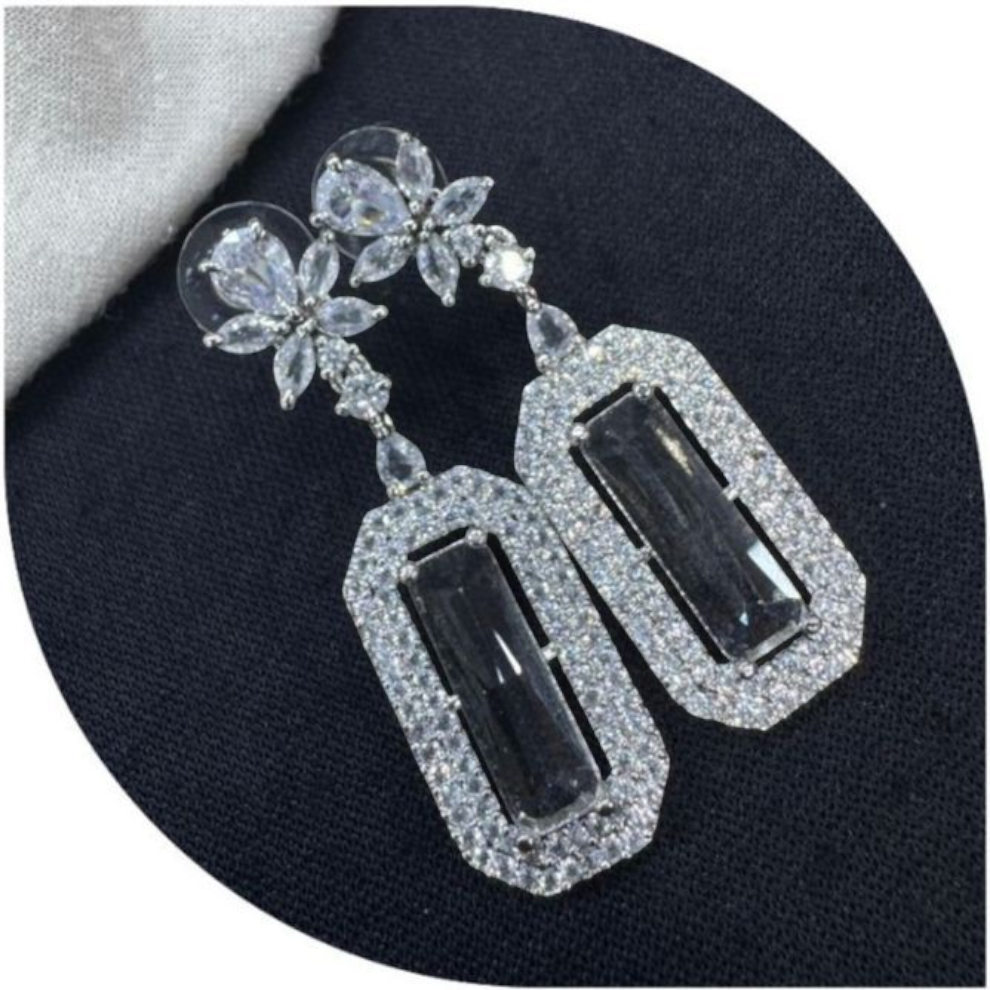 Statement Long Earrings with Floral and Rectangular Design