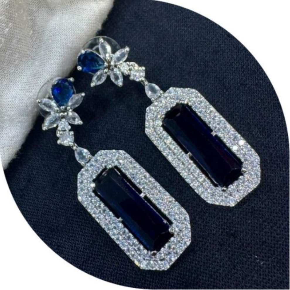 Statement Long Earrings with Floral and Rectangular Design