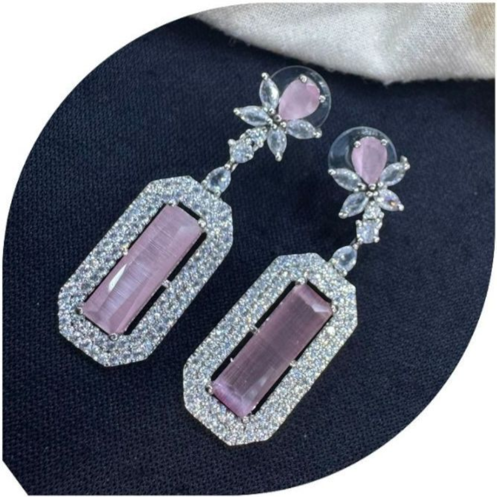 Statement Long Earrings with Floral and Rectangular Design