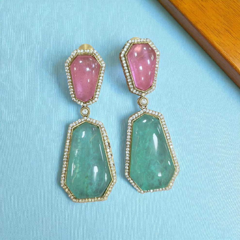 Luxury Pink and Green Gemstone Dangle Earrings