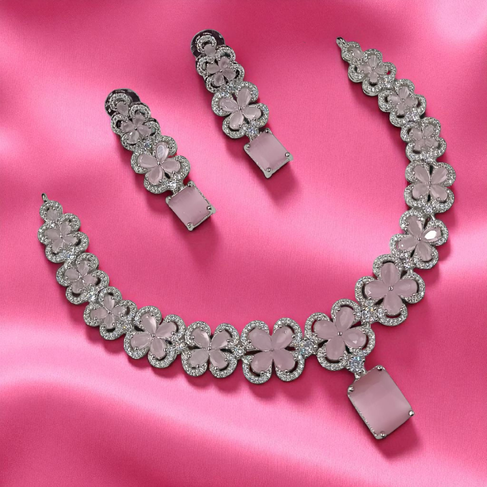 American Diamond Flower Shaped Jewellery Set - Babypink