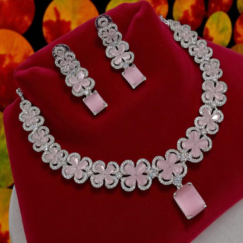 American Diamond Flower Shaped Jewellery Set - Babypink