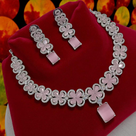 American Diamond Flower Shaped Jewellery Set - Babypink