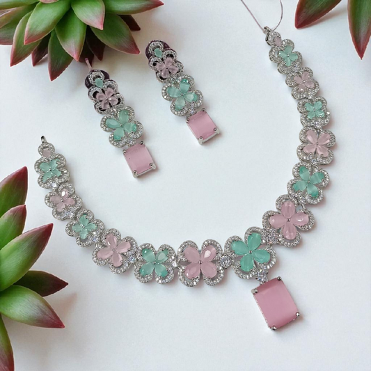 American Diamond Flower Shaped Jewellery Set - Mint-Pink