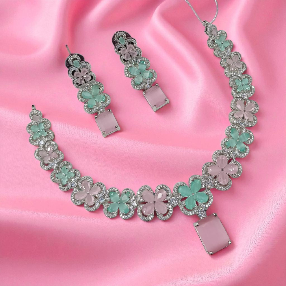 American Diamond Flower Shaped Jewellery Set - Mint-Pink