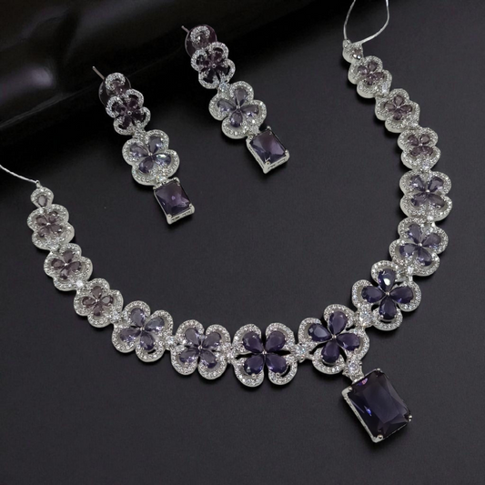 American Diamond Flower Shaped Jewellery Set - Purple