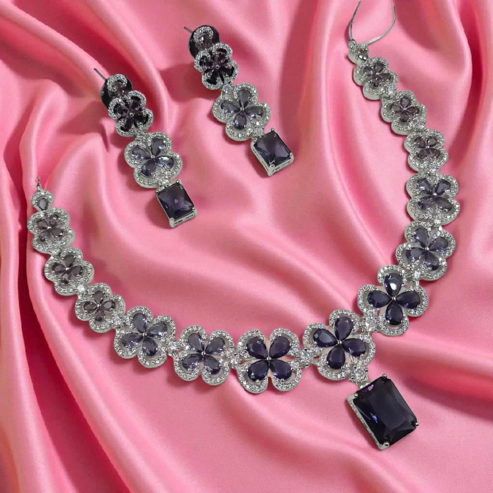American Diamond Flower Shaped Jewellery Set - Purple