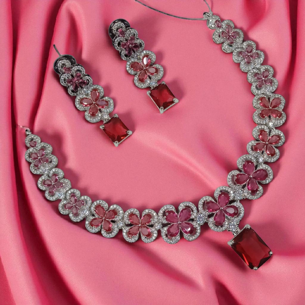 American Diamond Flower Shaped Jewellery Set - Red