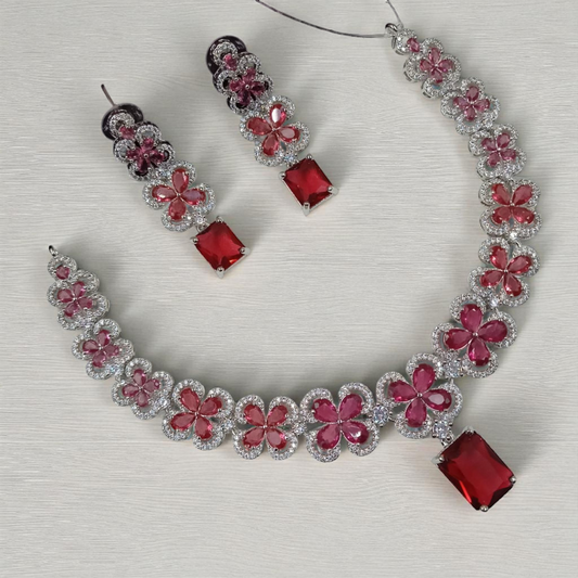 American Diamond Flower Shaped Jewellery Set - Red