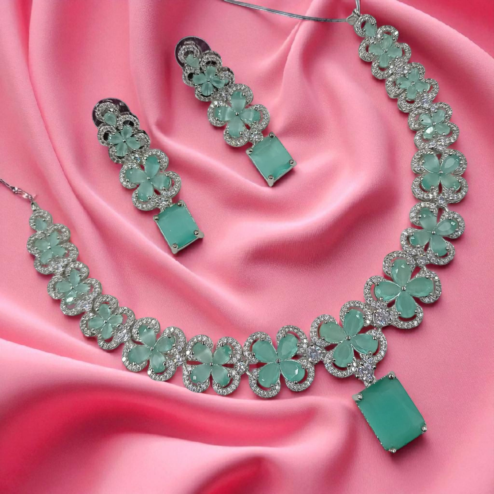 American Diamond Flower Shaped  Jewellery Set - Seagreen