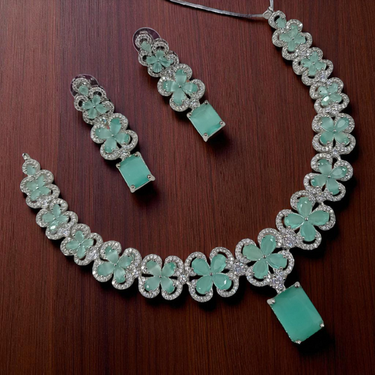 American Diamond Flower Shaped  Jewellery Set - Seagreen