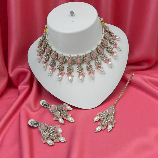 Pearl Drop Choker Jewellery Dangle Earrings Set - Babypink