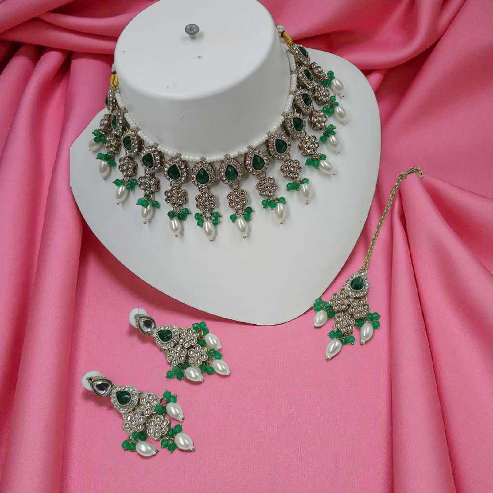 Pearl Drop Choker Jewellery Dangle Earrings Set - Green