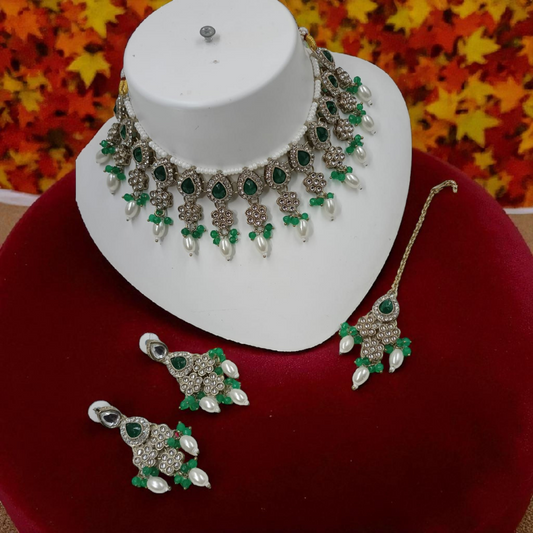 Pearl Drop Choker Jewellery Dangle Earrings Set - Green