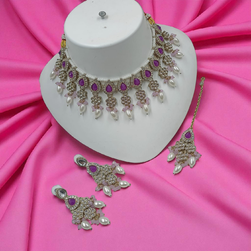 Pearl Drop Choker Jewellery Dangle Earrings Set - Purple