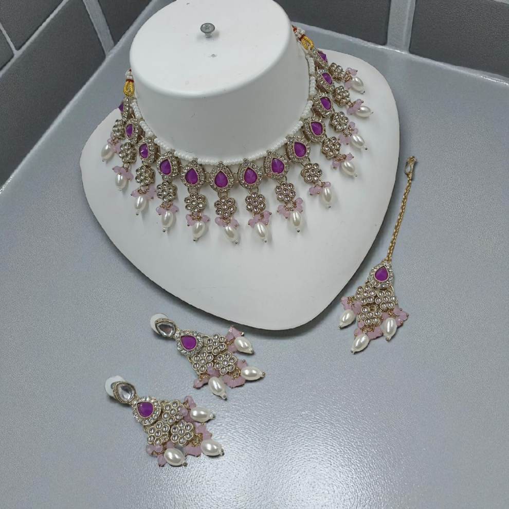 Pearl Drop Choker Jewellery Dangle Earrings Set - Purple