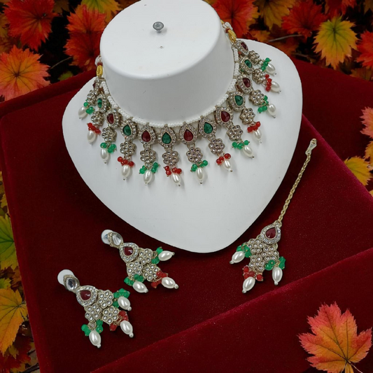 Pearl Drop Choker Jewellery Dangle Earrings Set - M.G
