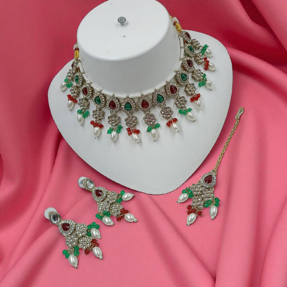 Pearl Drop Choker Jewellery Dangle Earrings Set - M.G