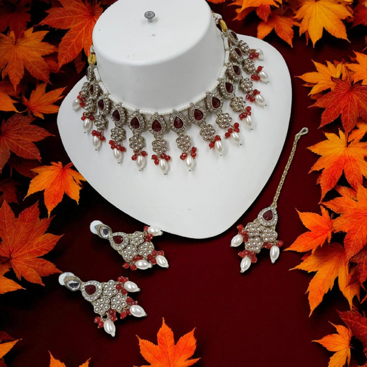 Pearl Drop Choker Jewellery Dangle Earrings Set - Maroon