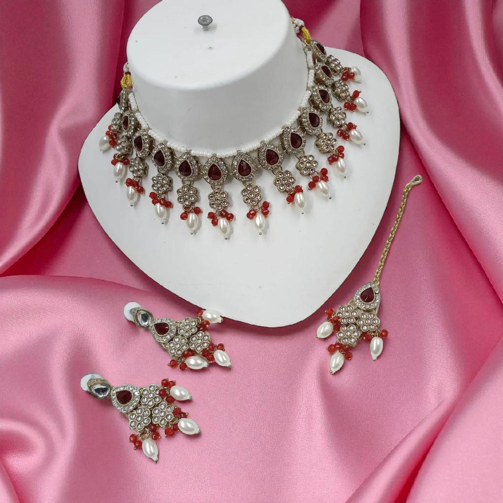 Pearl Drop Choker Jewellery Dangle Earrings Set - Maroon