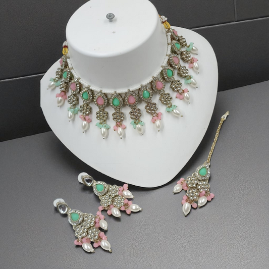 Pearl Drop Choker Jewellery Dangle Earrings Set - Mint-Pink