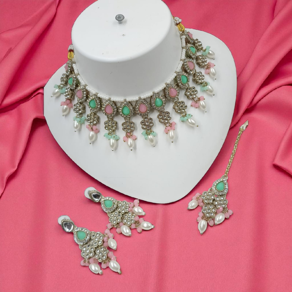 Pearl Drop Choker Jewellery Dangle Earrings Set - Mint-Pink