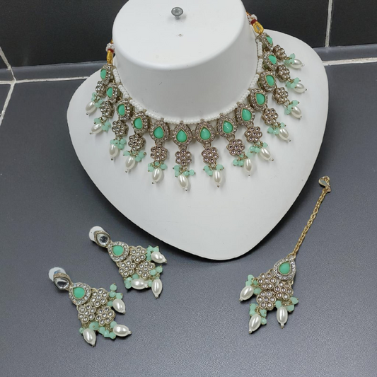 Pearl Drop Choker Jewellery Dangle Earrings Set - Sea-green