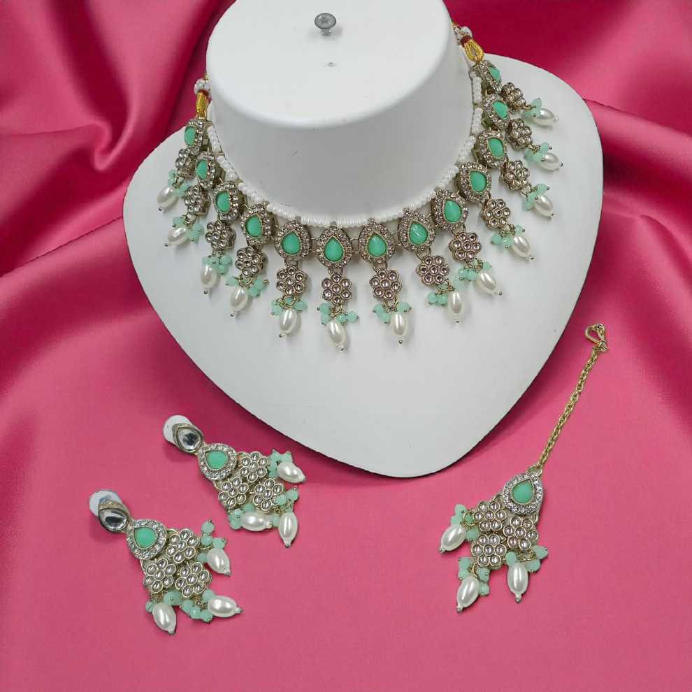 Pearl Drop Choker Jewellery Dangle Earrings Set - Sea-green