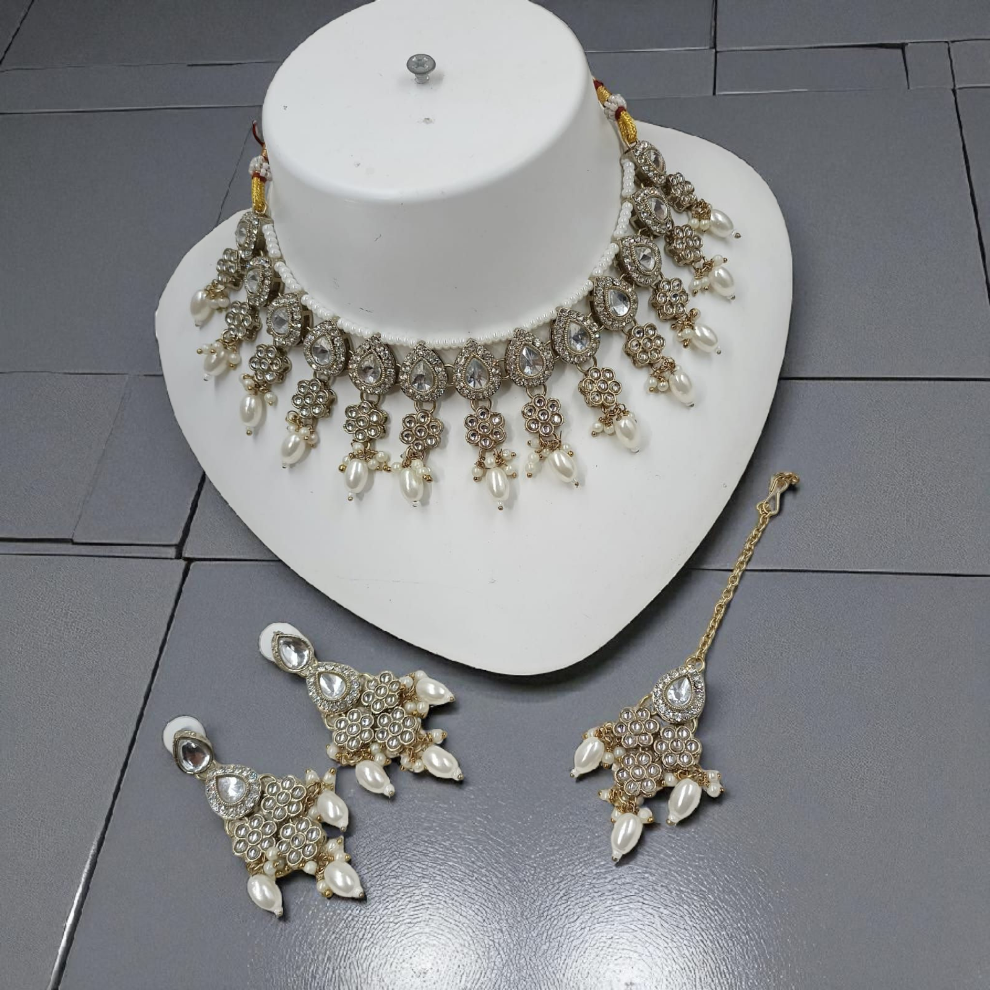 Pearl Drop Choker Jewellery Dangle Earrings Set - White