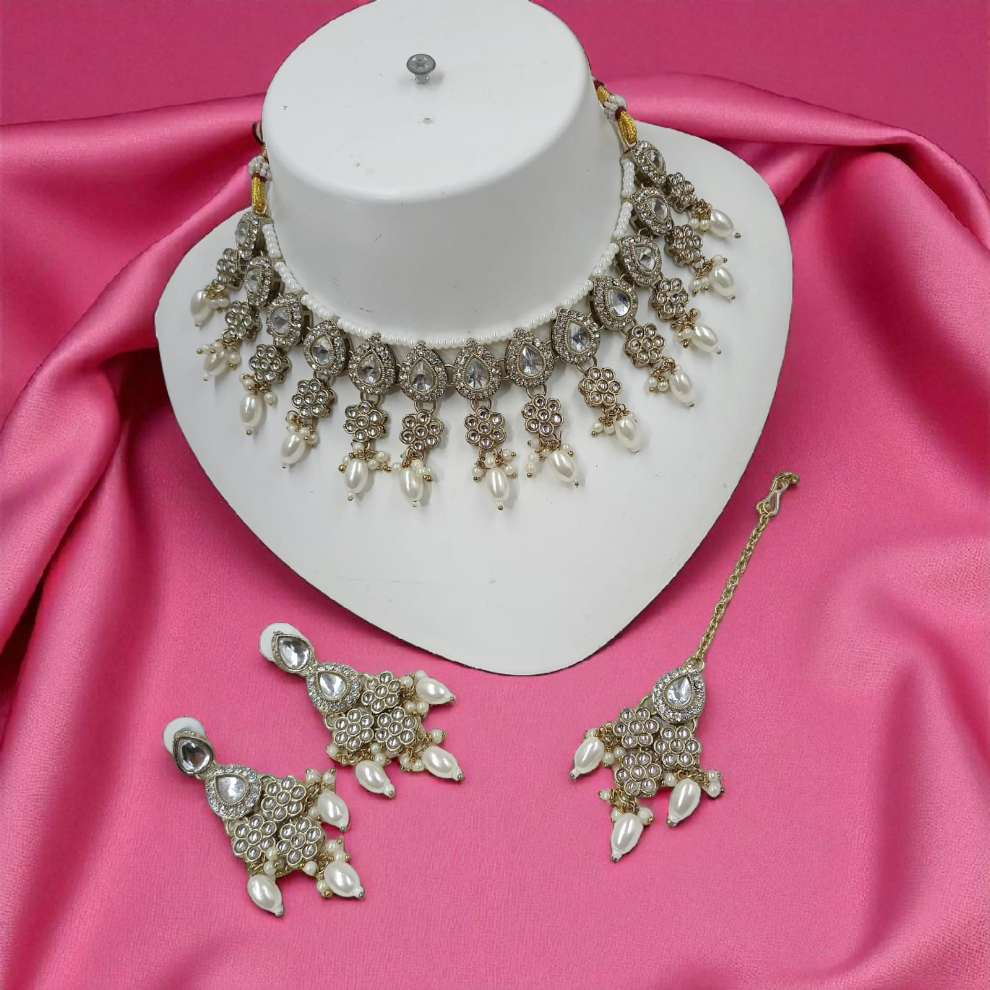 Pearl Drop Choker Jewellery Dangle Earrings Set - White