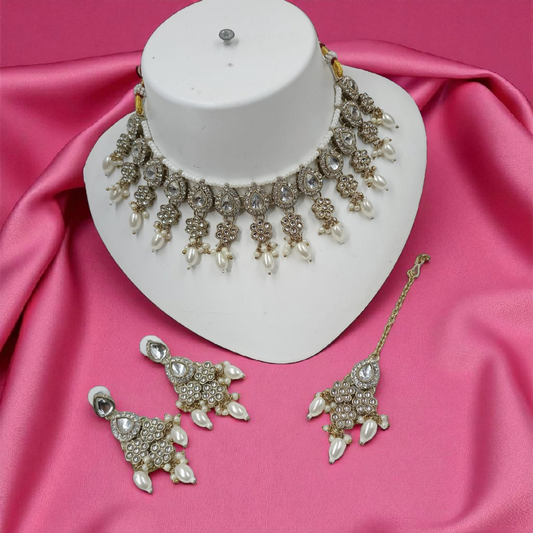 Pearl Drop Choker Jewellery Dangle Earrings Set - White