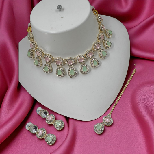 Elegant Choker Jewellery Set - Mint-Pink