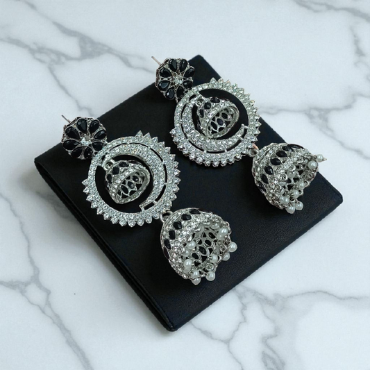 Traditional Silver and Black Jhumka Earrings