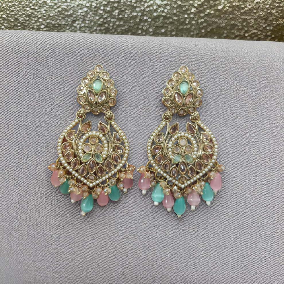 Gold-Plated Kundan Earrings with Pearl & Colorful Drops