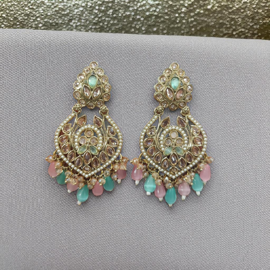 Gold-Plated Kundan Earrings with Pearl & Colorful Drops