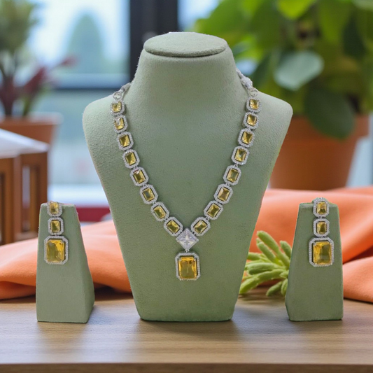 Luxury yellow gemstone necklace and earring set, perfect for bridal or formal occasions.