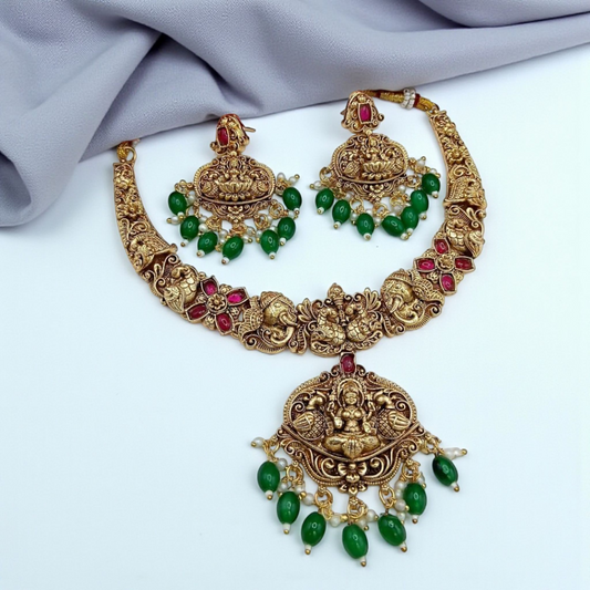 Lakshmi Design with Green Drops & Jhumkas