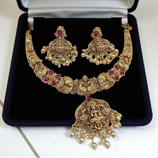 Lakshmi Design Necklace Set with Ruby Accents