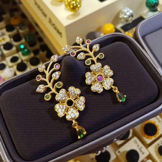 Flower Earrings with Colorful Gemstones