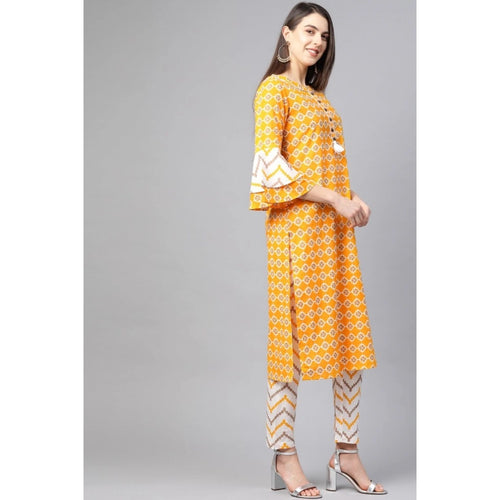 Generic Women's Casual 3/4 th Sleeve Floral Printed Cotton Kurti Set (Mustard)