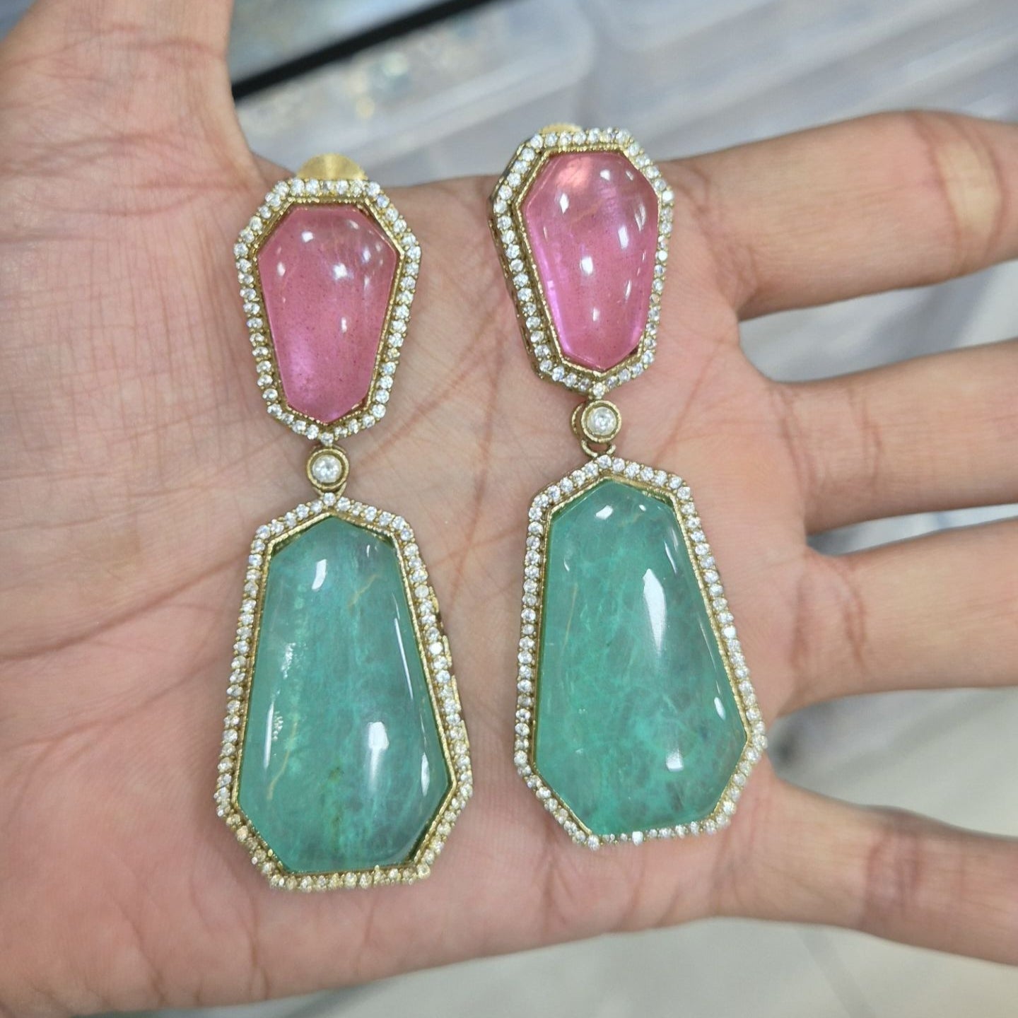 Luxury Pink and Green Gemstone Dangle Earrings