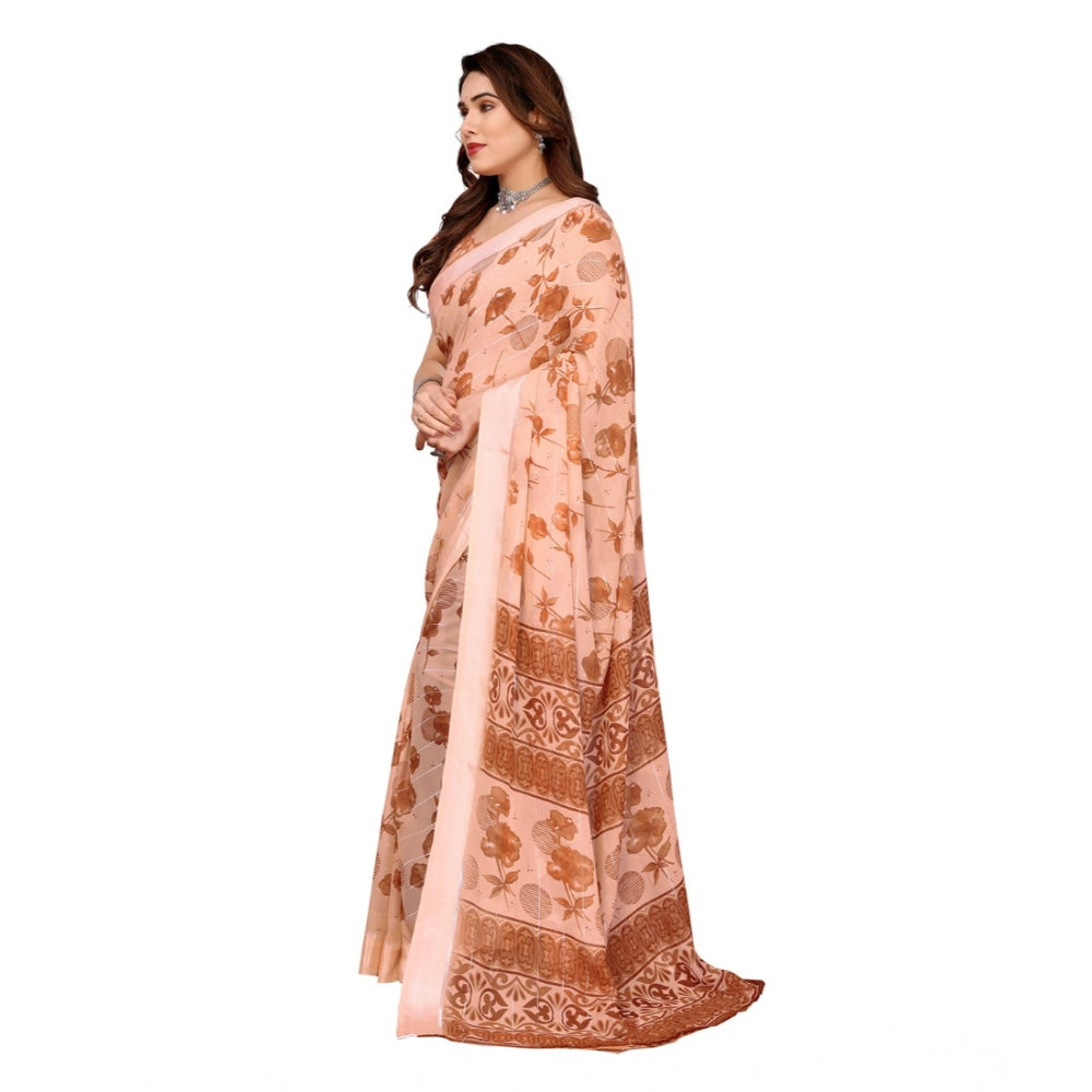 Generic Women's Georgette Printed Saree With Unstitched Blouse 5.5Mtr (Brown)