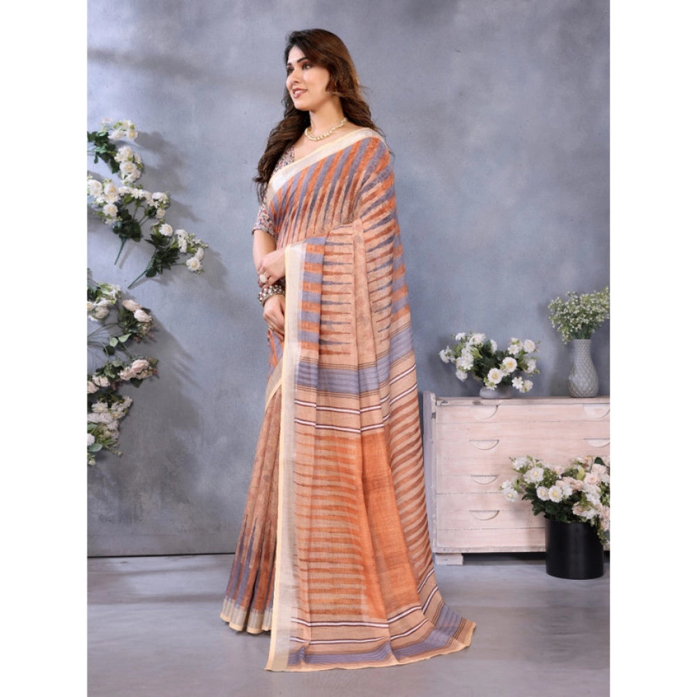 Generic Women's Linen Cotton  Printed Saree With Unstitched Blouse 5.5Mtr (Brown)