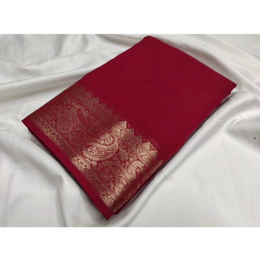 Generic Women's Crepe Chit Pallu Solid Saree With Unstitched Blouse 5.5Mtr (Maroon)