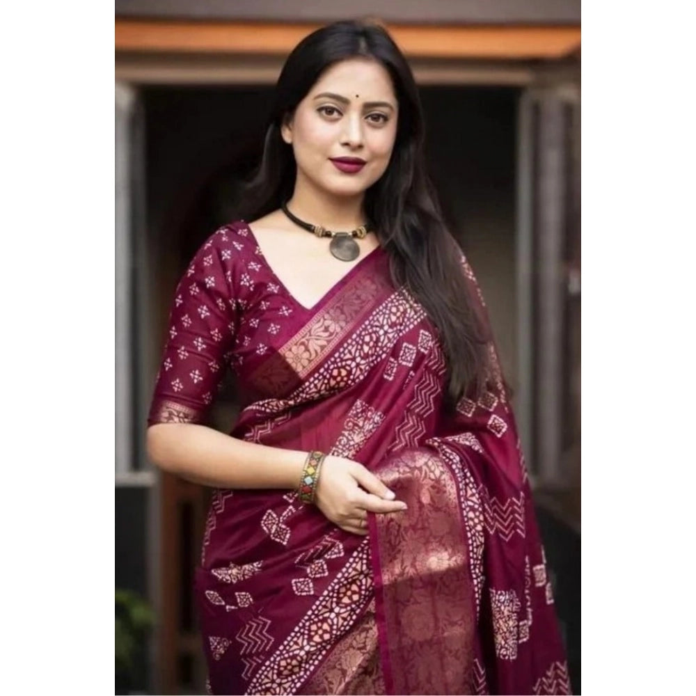 Generic Women's Cotton Silk Printed Saree With Unstitched Blouse 5.5Mtr (Wine)