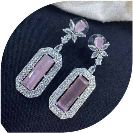 Statement Long Earrings with Floral and Rectangular Design