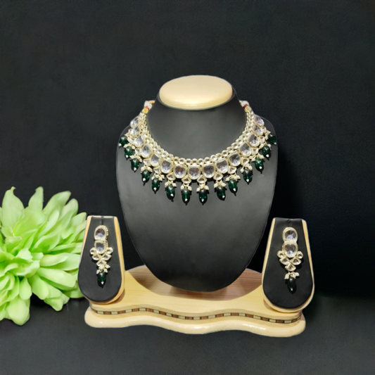 Dark Green Kundan Necklace Jewellery Set