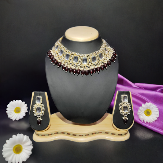 Square Graceful Kundan Maroon Jewel Set